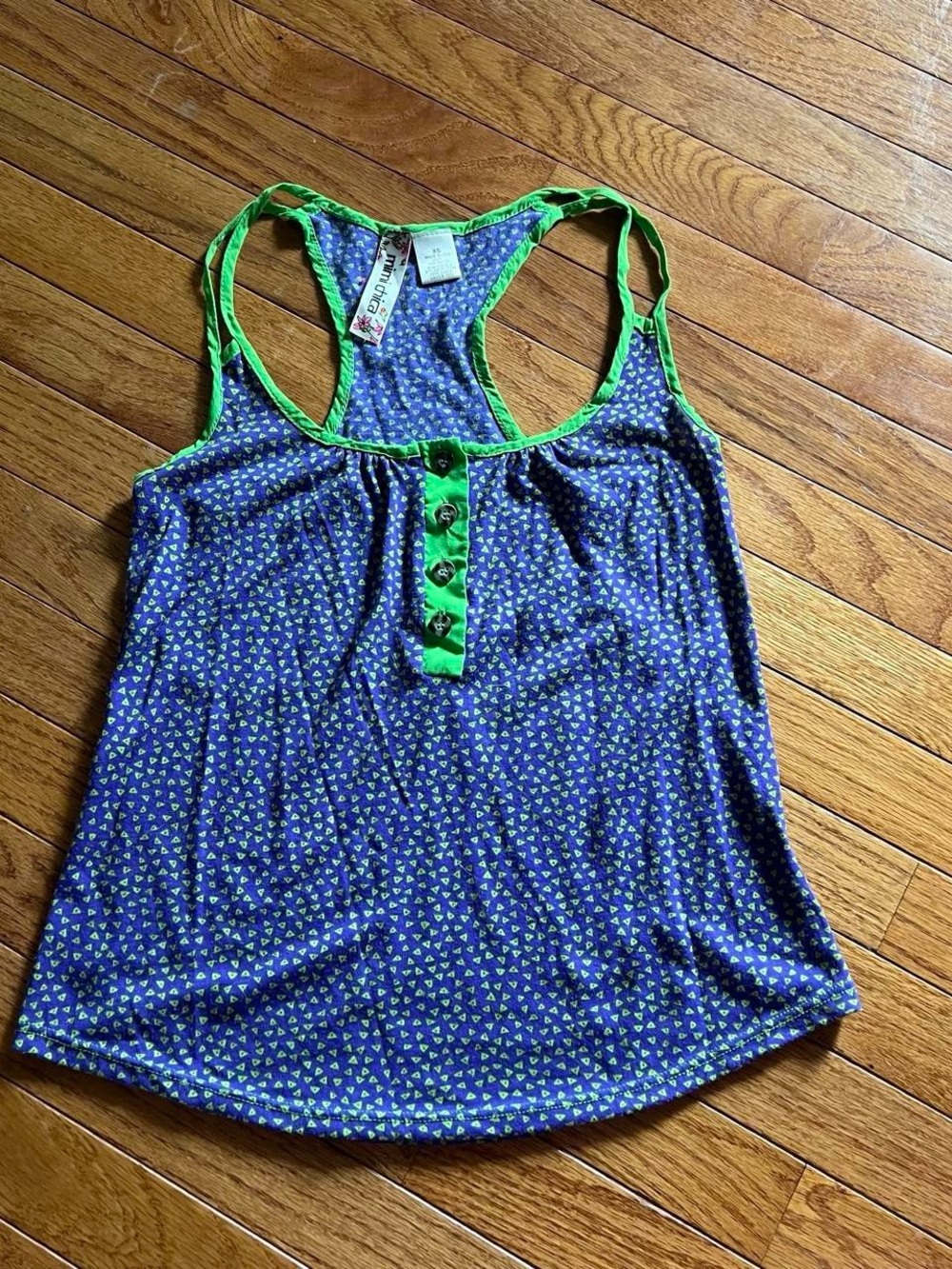 Y2K Blue Micro-Print Racerback Tank with Green Trim